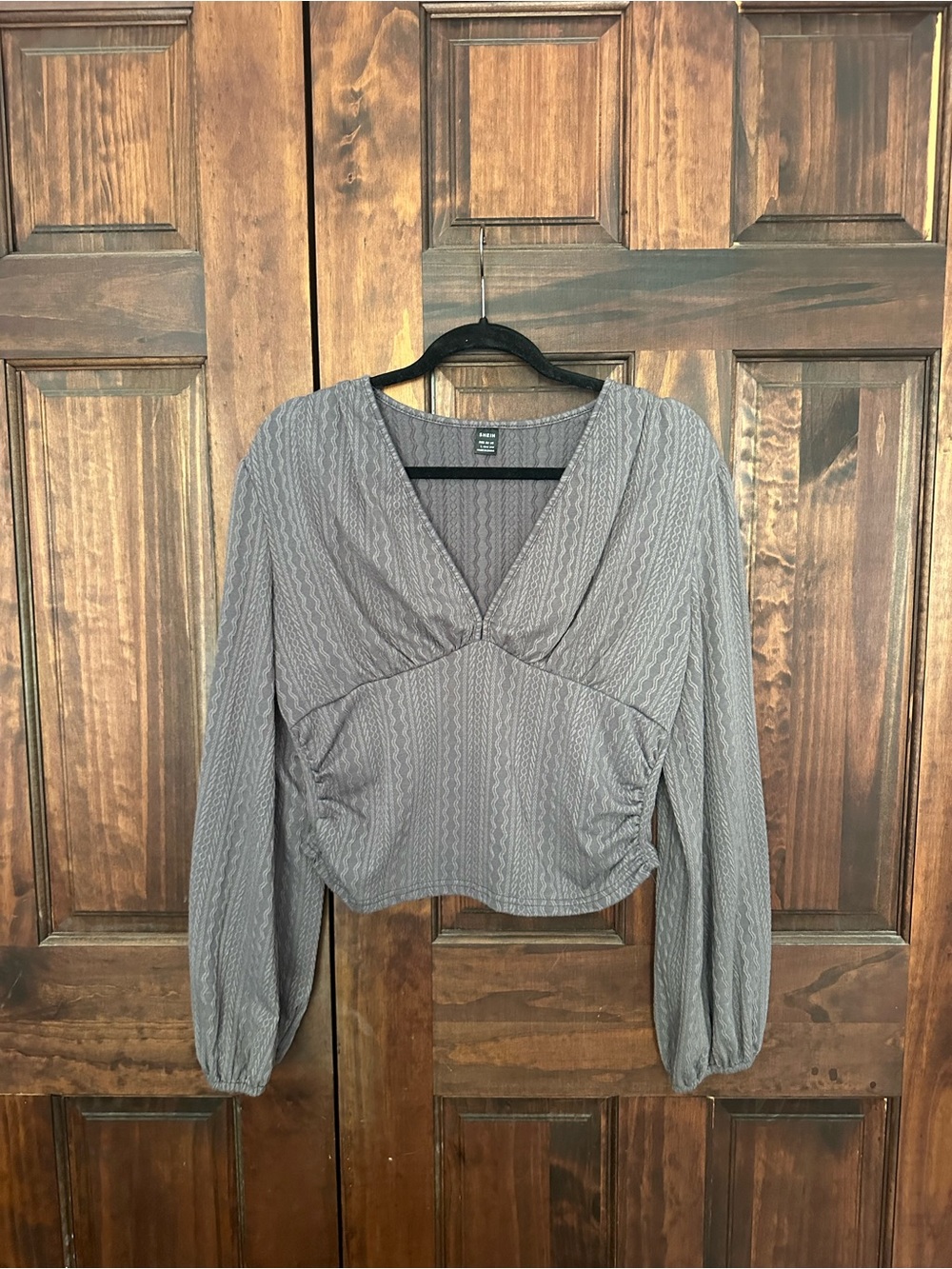 SHEIN Gray V-Neck Long Sleeve Peplum Blouse
